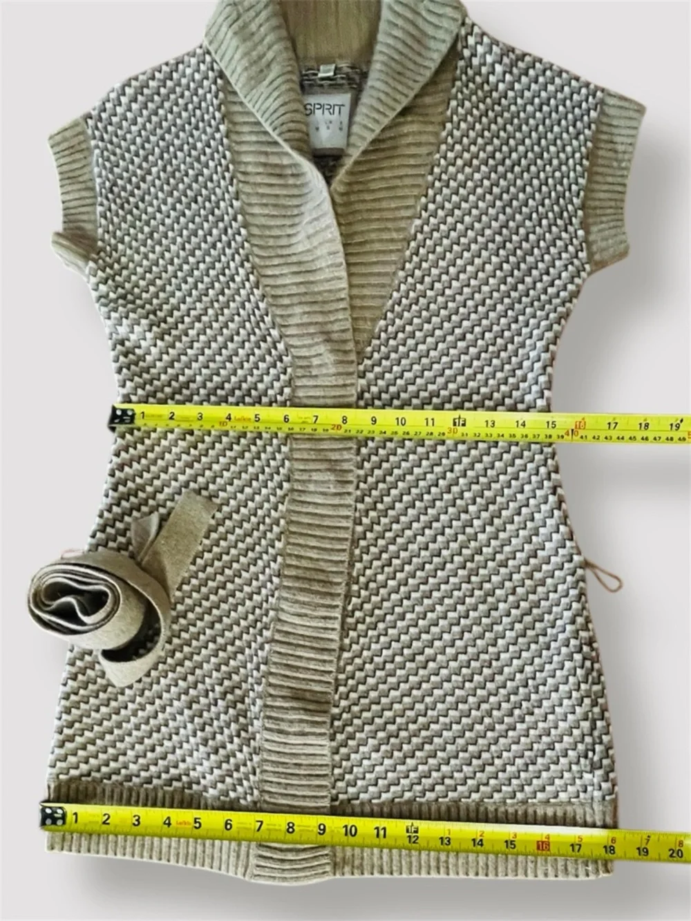 Esprit Y2K Short Sleeve Belted Cardigan Geometric Taupe Cream Black Size S - Picture 12 of 13
